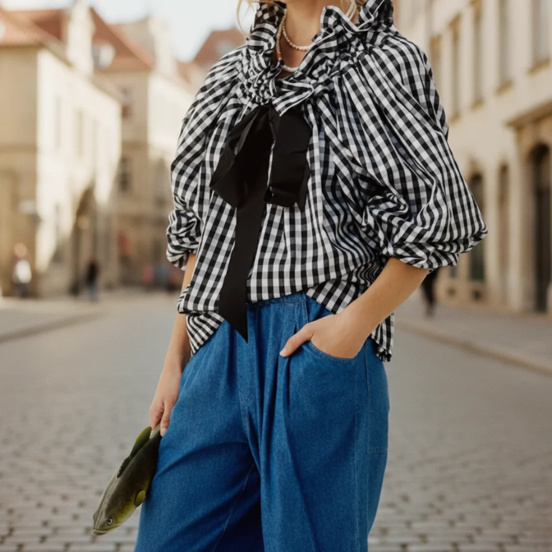 Elspeth Bow Blouse — Black -White